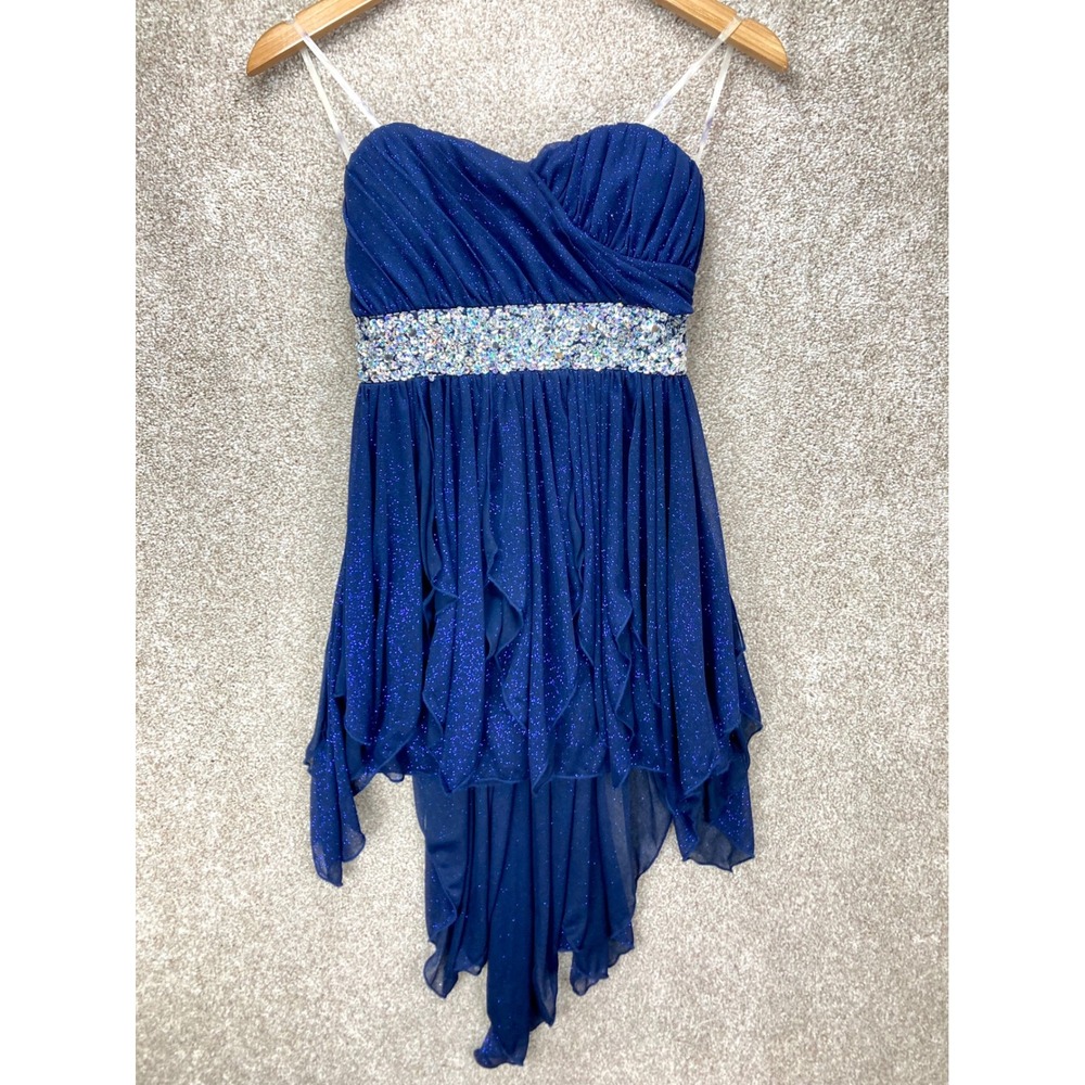 My Michelle Rhinestone Glitter High Low Dress Women Sz 1 Blue Formal Homecoming